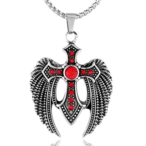 Vintage Gothic Stainless Steel Wing Cross Pendant Necklace For Men Retro Punk Silver Rhinestone Pendant Without Chain