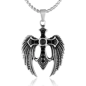 Vintage stainless steel cross necklace with eagle wings and black cubic zirconia stones