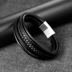 Men's multi-layer black braided leather bracelet with brushed stainless steel magnetic clasp