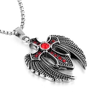 Vintage stainless steel gothic eagle wing cross pendant necklace with red rhinestones