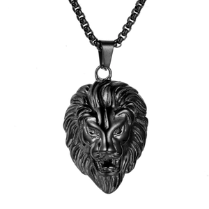 Collar con colgante de cabeza de león punk retro en negro mate para hombre y mujer