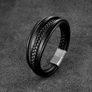 Men's multi-layer black braided leather bracelet with brushed stainless steel magnetic clasp