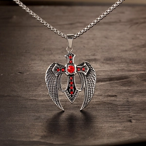 Vintage stainless steel necklace with eagle wings, gothic cross and red gemstone