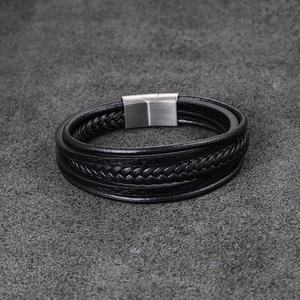 Men's multilayer braided black leather bracelet with brushed metal magnetic buckle