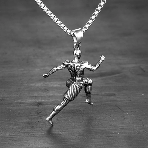 Men's stainless steel necklace with a muscular runner pendant on a square wheat chain