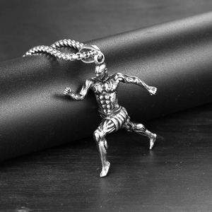 Barbell bodybuilding necklace with muscular runner pendant in antique silver finish