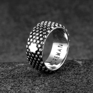 Retro-Hexagramm-Blumenring aus Titanstahl für Herren mit geprägter Perlenstruktur