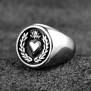 Vintage titanium steel signet ring for men featuring polished heart and laurel leaf motif