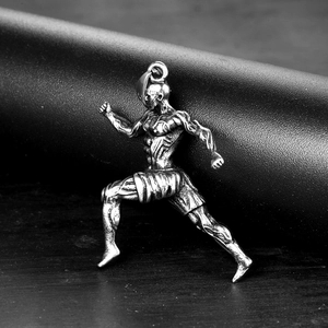 Barbell fitness pendant featuring a muscular male figure in polished stainless steel