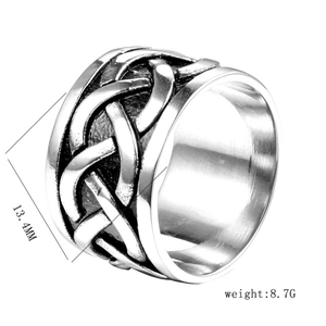Detail view of 13.4mm wide punk stainless steel ring with Celtic knot patterns