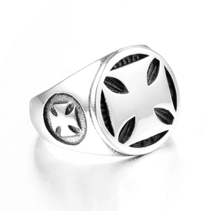 Mens stainless steel iron cross signet ring with vintage silver hollow design