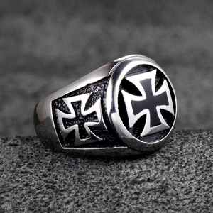 Vintage stainless steel wide band ring for men with black iron cross embossed design