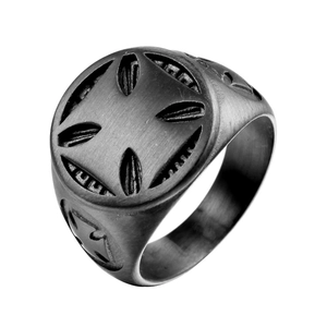 Retro black stainless steel signet ring for men featuring vintage cross patterns