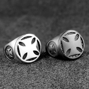 Gothic style stainless steel signet rings featuring hollowed cross designs in silver and black
