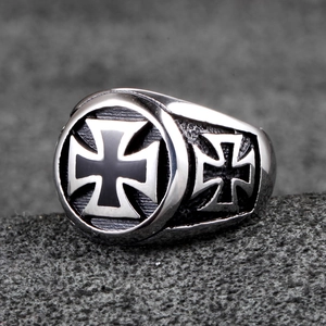 Retro stainless steel iron cross ring for men with black enamel and gothic embossed details
