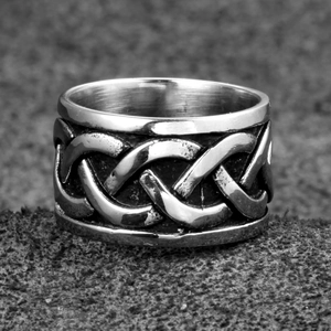 Punk vintage stainless steel wide band ring with oxidized Celtic knot braid pattern