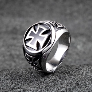 Vintage stainless steel signet ring for men with black iron cross and gothic details