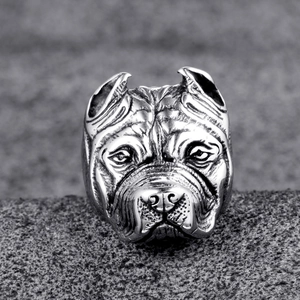 Vintage stainless steel bull terrier ring for men with black oxidation detailing