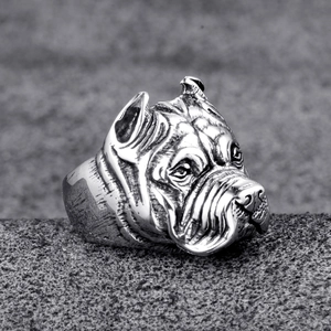 Gothic punk bulldog stainless steel ring with vintage finish and animal head design
