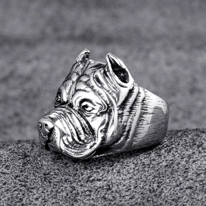 Vintage silver stainless steel bulldog ring with detailed animal relief design for men