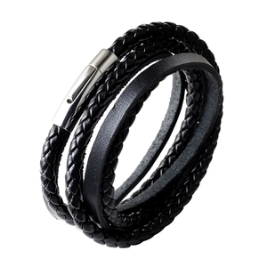 Men Retro Multi-Layer Braided Leather Bracelet With Stainless Steel Magnetic Clasp Vintage Black Cord Wristband Jewelry Gift