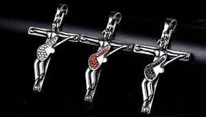 Detail of gothic rock cross guitar pendants with red, black, and white rhinestones