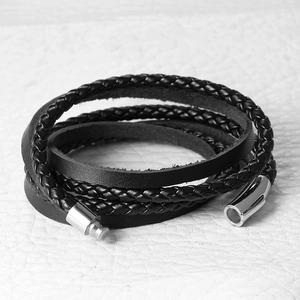 Multilayer braided black leather bracelet for men with silver magnetic steel clasp