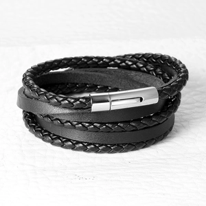 Multilayer black woven leather bracelet with silver stainless steel magnetic clasp for men