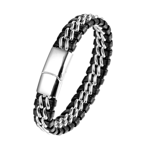 Bracciale Uomo in Pelle Intrecciata Con Chiusura Magnetica in Acciaio Inossidabile Stile Western Nero Argento Gioielli da Polso