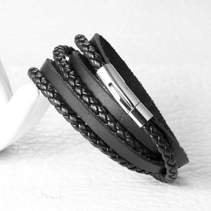 Multilayer black leather men's bracelet with braided cords and silver steel clasp