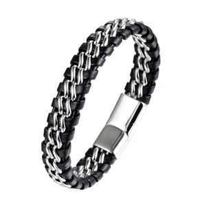 Bracciale da uomo in pelle nera intrecciata con catena d'argento e chiusura magnetica