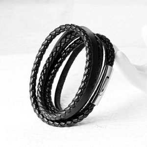 Men's multilayer braided leather bracelet with stainless steel magnetic clasp