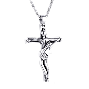 Gothic punk rock silver stainless steel cross pendant with guitar player and crystals