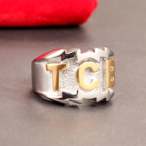 Vintage TCB stainless steel signet ring for men in two-tone gold and silver finish
