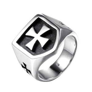 Vintage Stainless Steel Maltese Cross Shield Signet Ring For Men Punk Gothic Titanium Steel Band Ring Silver Jewelry
