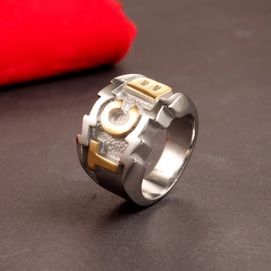 Retro stainless steel TCB wide band ring for men with silver and gold two-tone finish