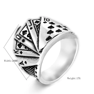 Men's vintage stainless steel poker ring with royal flush design in silver finish