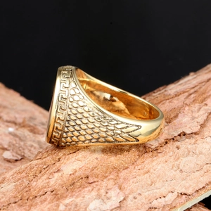 Vintage titanium steel ring with gold plating and Greek Key pattern on wood background