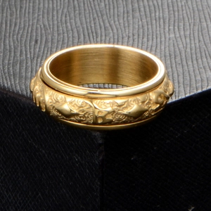 Rotating stainless steel gold ring with embossed Buddhist mantra script for men