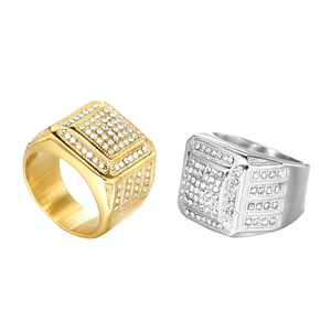 Anello con Sigillo Quadrato in Acciaio Inossidabile Hip Hop da Uomo con Strass Geometrici Placcato Oro Argento Gioielli Street