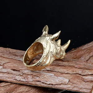 Men's gold rhinoceros head titanium steel ring with vintage punk texture and details
