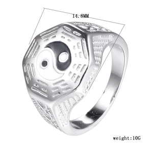 Detailed view of silver Tai Chi Bagua ring showing 14.8mm octagonal face and 10g weight