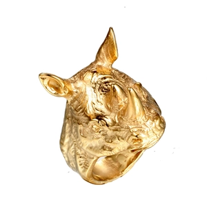 Gothic rhinoceros head ring in gold finish with realistic animal skin texture for men