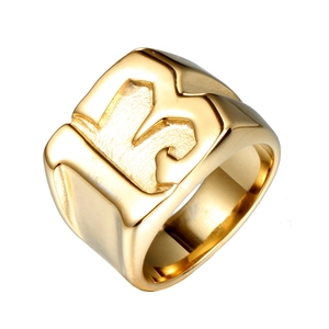 Polished gold-tone stainless steel ring for men with bold number 13 engraving