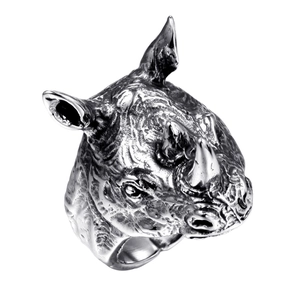 Stainless Steel Rhino Head Ring For Men Vintage Punk Style Animal Design Polished Oxidized Hip Hop Statement Jewelry