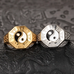 Vintage stainless steel Yin Yang Bagua rings in gold and silver finish with relief patterns