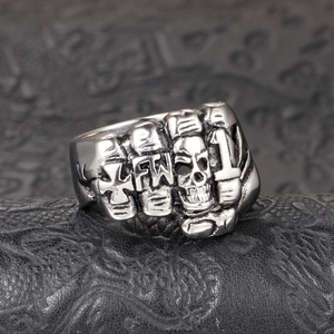 Vintage silver punk rock skull fist ring in cast titanium steel for men with LFW embossing