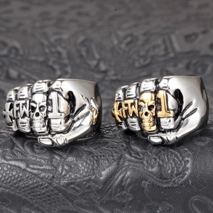 Punk style stainless steel fist rings with skull design and KFW engraving