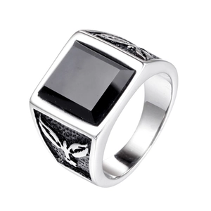 Vintage men's stainless steel ring featuring a square black onyx stone and engraved band