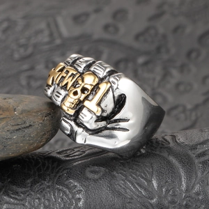 Macro shot of punk gothic skeleton ring detail with metallic texture and gold skull accent